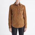 Tan Suede Western Shirt Jacket - Women's Snap-Front Leather Overshirt