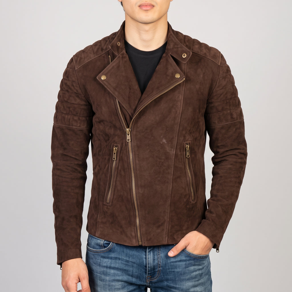 Men's Brown Suede Quilted Moto Jacket - Genuine Suede Biker Jacket
