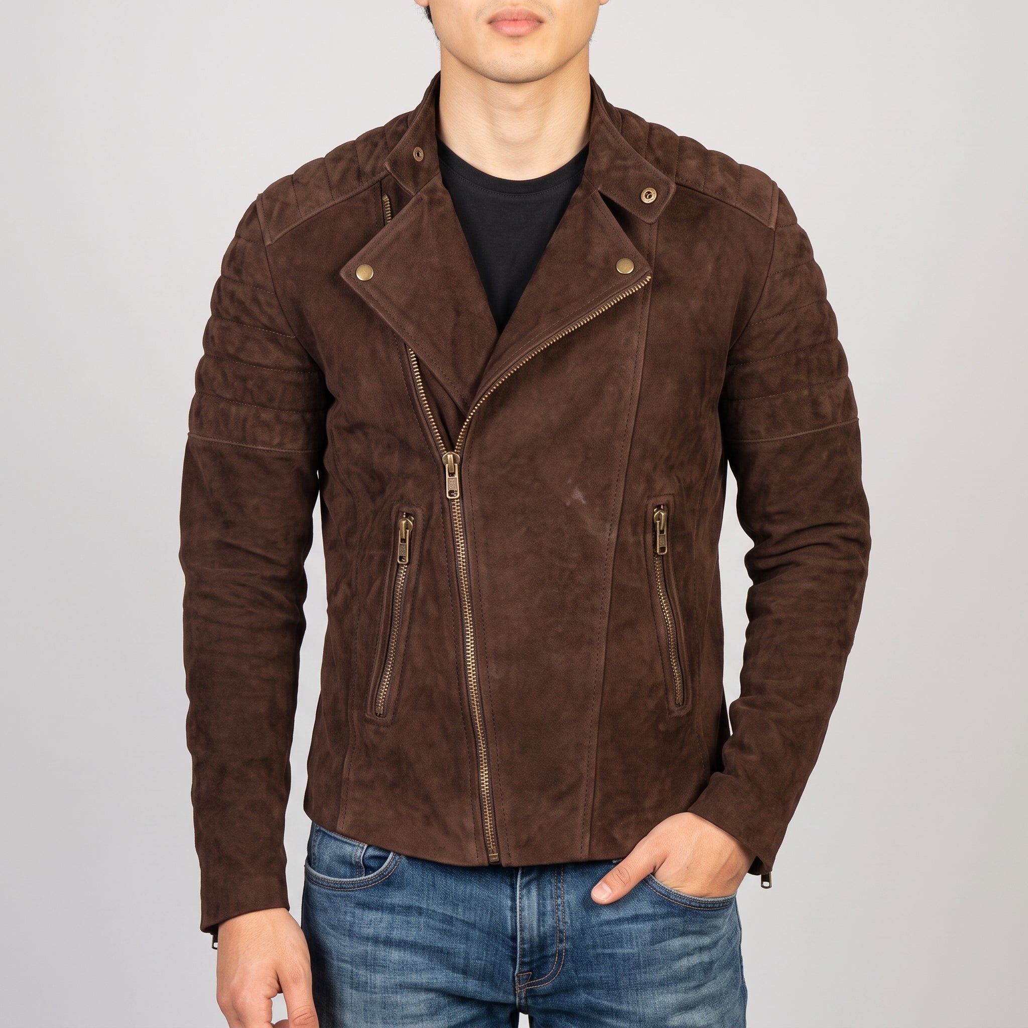 Men's Brown Suede Quilted Moto Jacket - Genuine Suede Biker Jacket