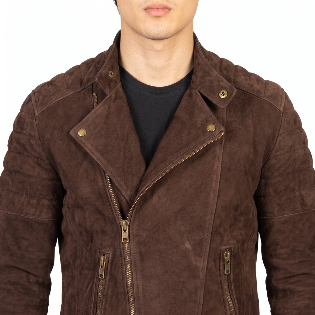 Men's Brown Suede Quilted Moto Jacket - Genuine Suede Biker Jacket