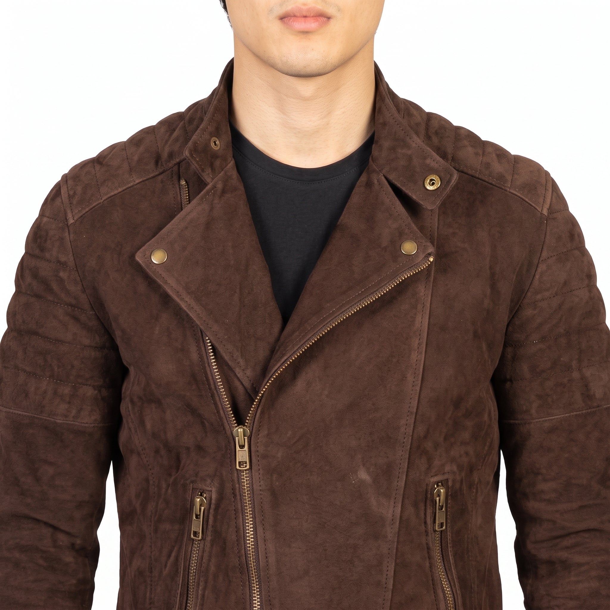 Men's Brown Suede Quilted Moto Jacket - Genuine Suede Biker Jacket
