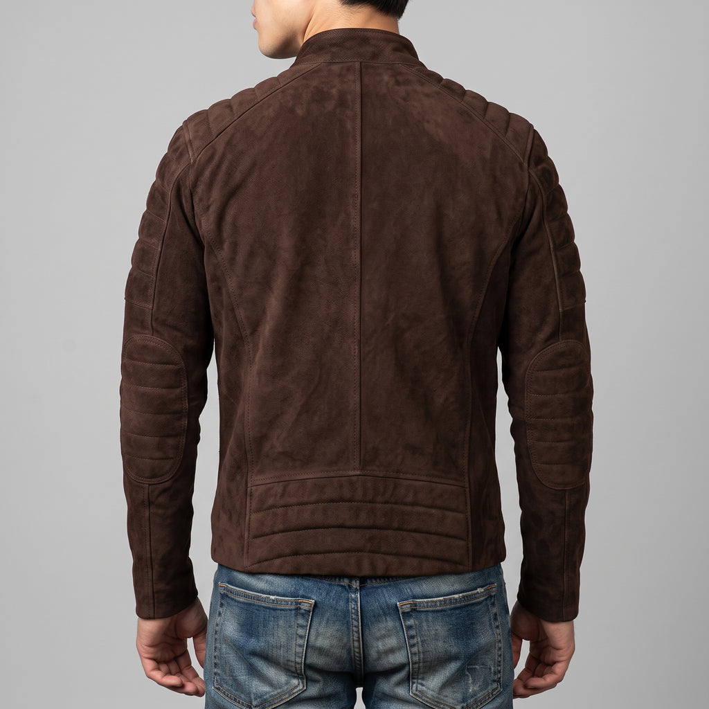 Men's Brown Suede Quilted Moto Jacket - Genuine Suede Biker Jacket