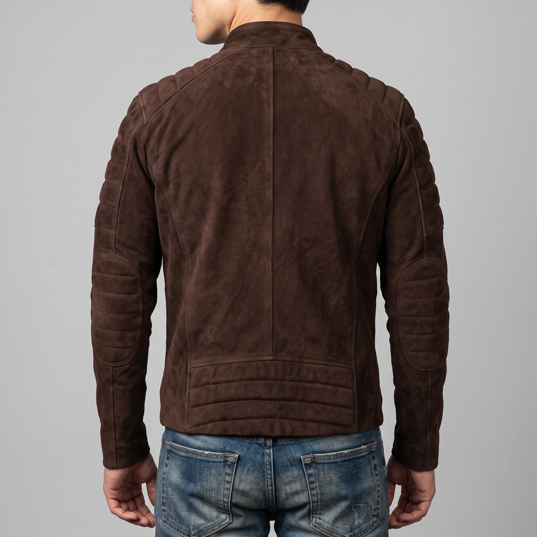 Men's Brown Suede Quilted Moto Jacket - Genuine Suede Biker Jacket