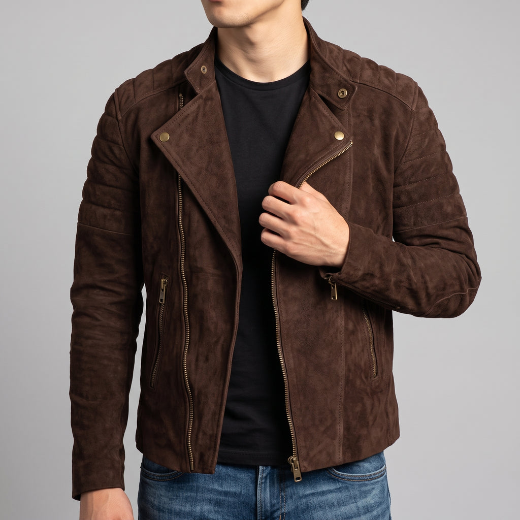 Men's Brown Suede Quilted Moto Jacket - Genuine Suede Biker Jacket