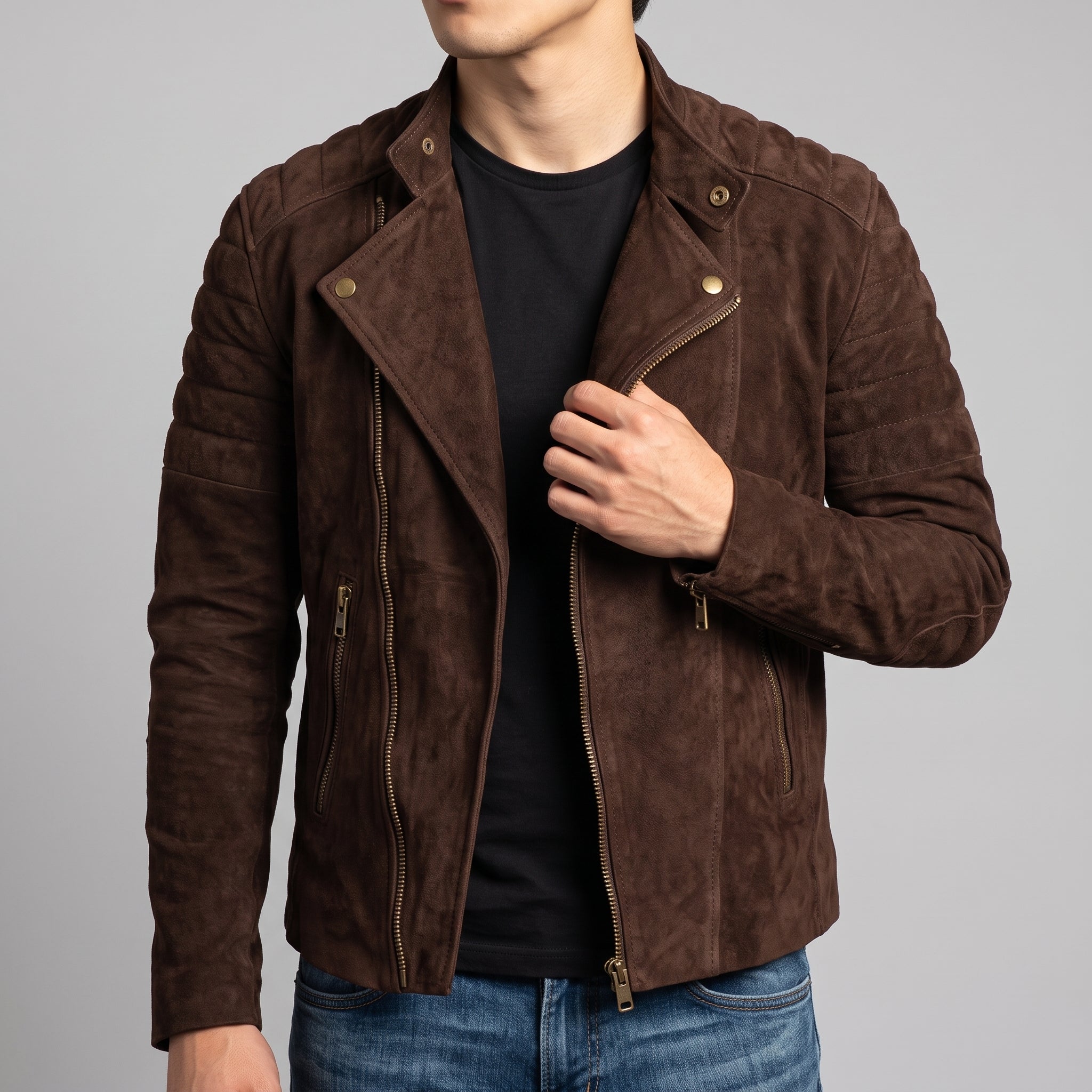 Men's Brown Suede Quilted Moto Jacket - Genuine Suede Biker Jacket