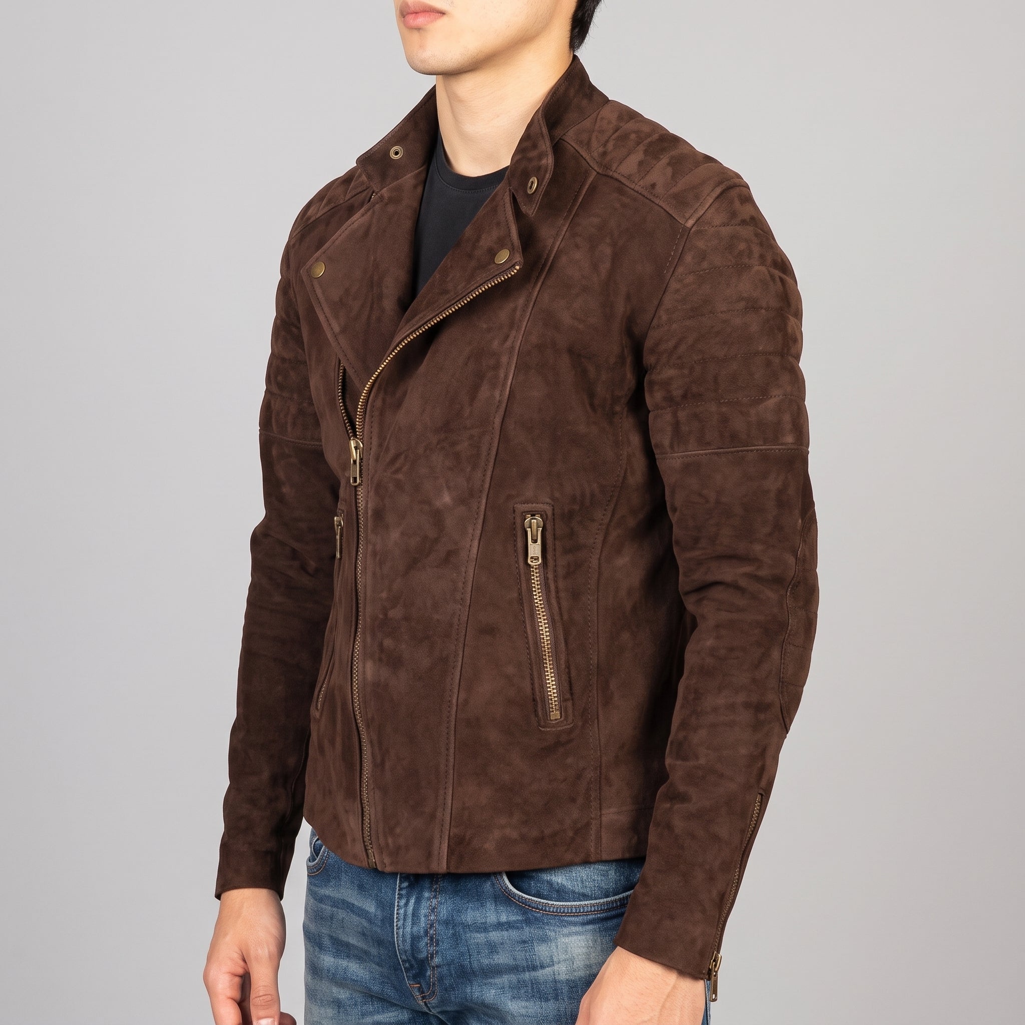 Men's Brown Suede Quilted Moto Jacket - Genuine Suede Biker Jacket