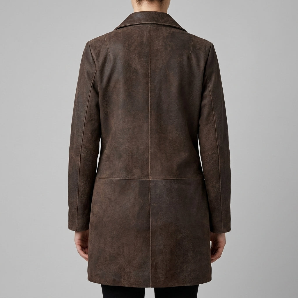 Brown Suede Longline Coat - Women's Notch-Lapel Button Coat