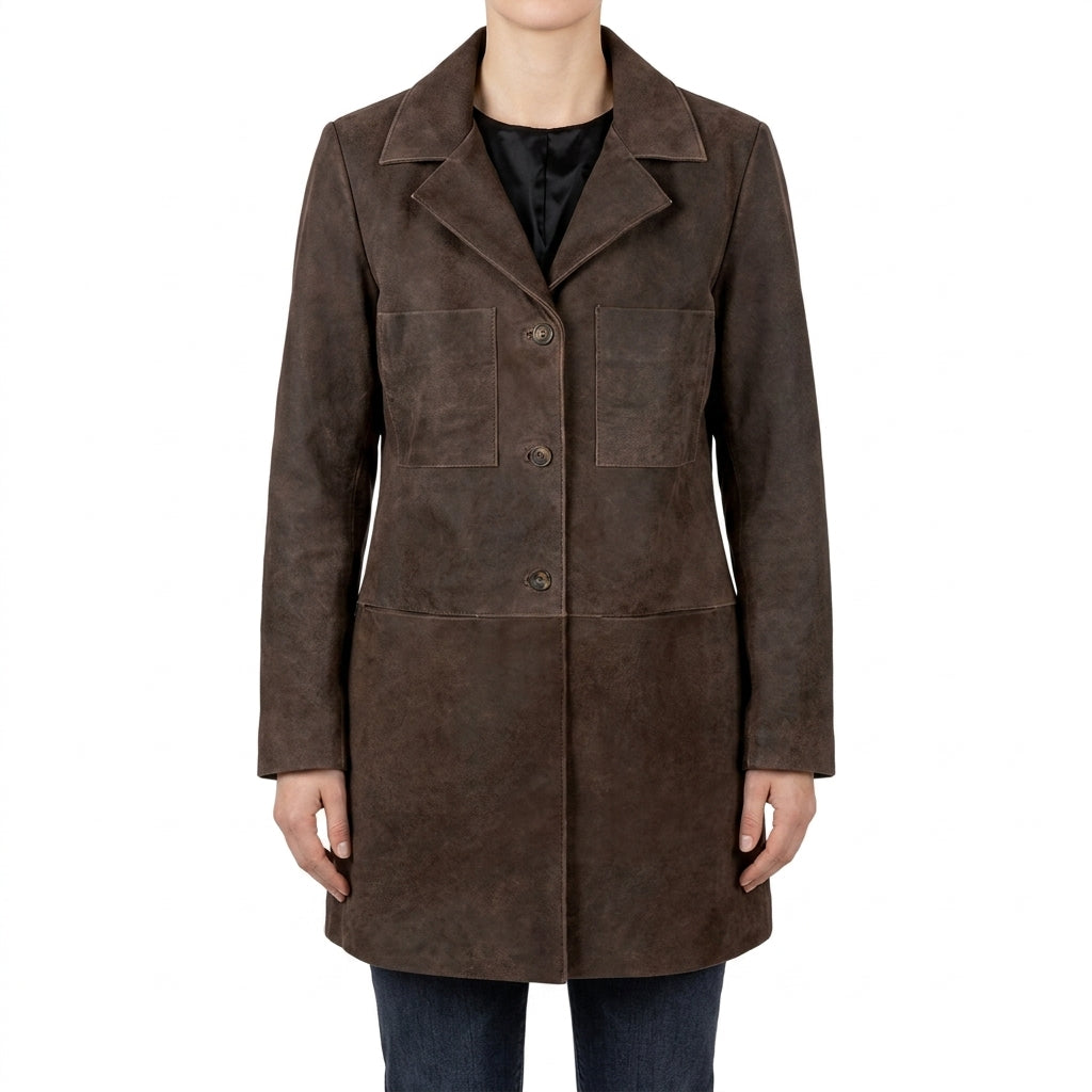 Brown Suede Longline Coat - Women's Notch-Lapel Button Coat