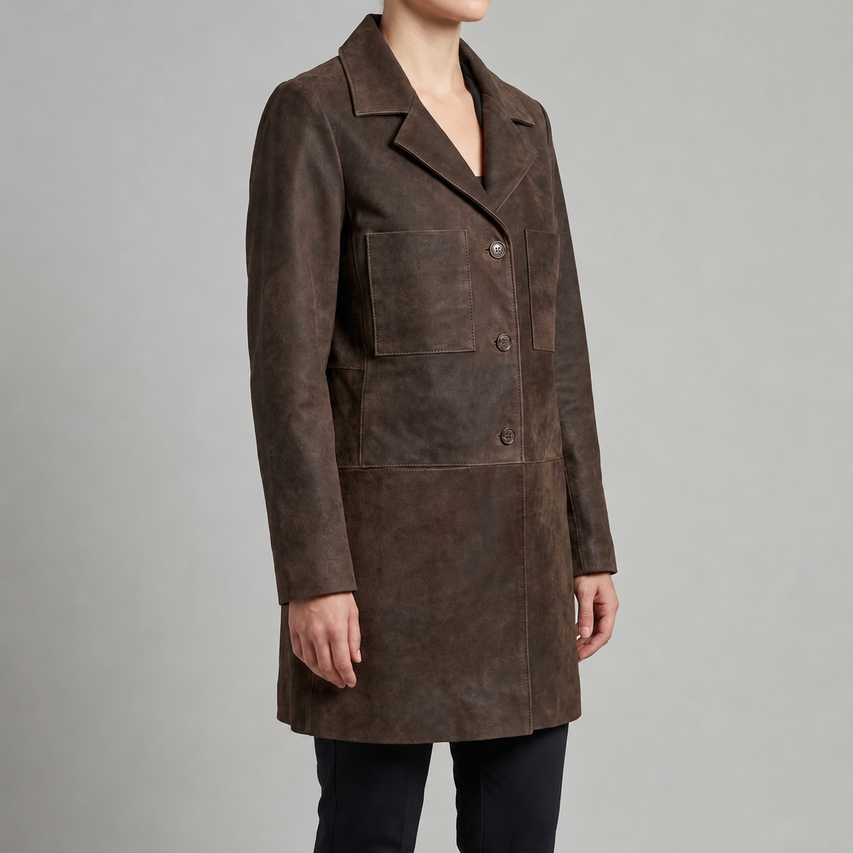 Brown Suede Longline Coat - Women's Notch-Lapel Button Coat
