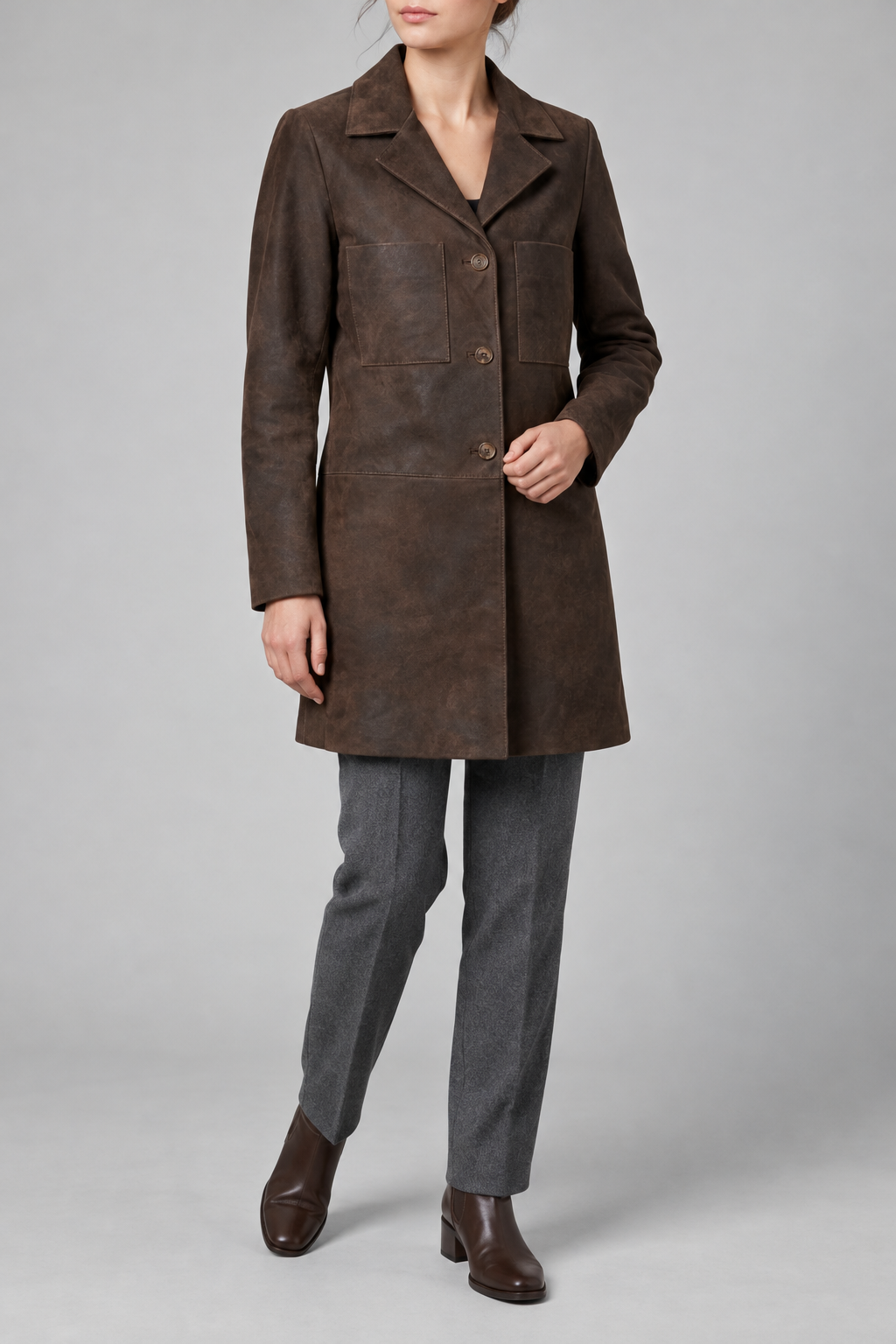 Brown Suede Longline Coat - Women's Notch-Lapel Button Coat