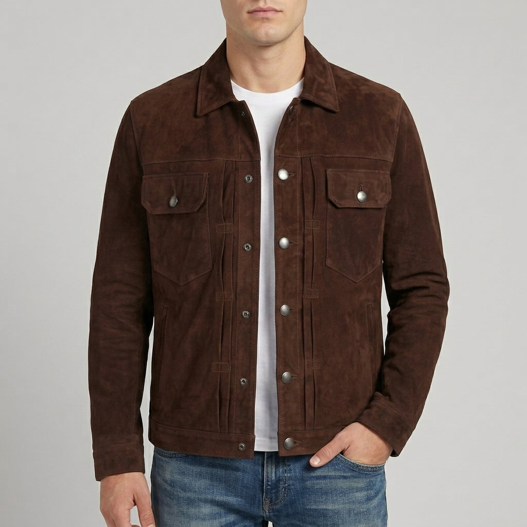 Men's Dark Brown Suede Snap-Front Trucker Jacket - Genuine Suede Jacket