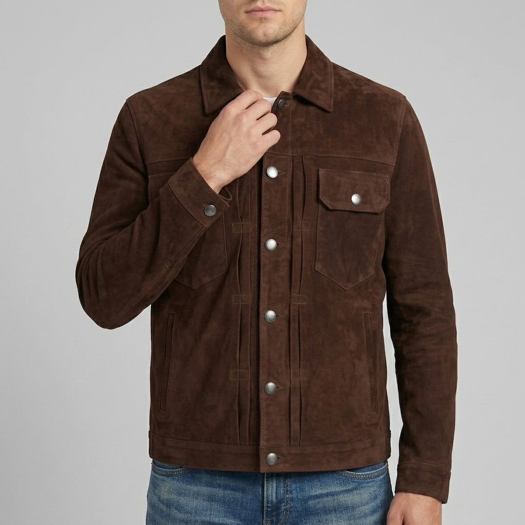 Men's Dark Brown Suede Snap-Front Trucker Jacket - Genuine Suede Jacket