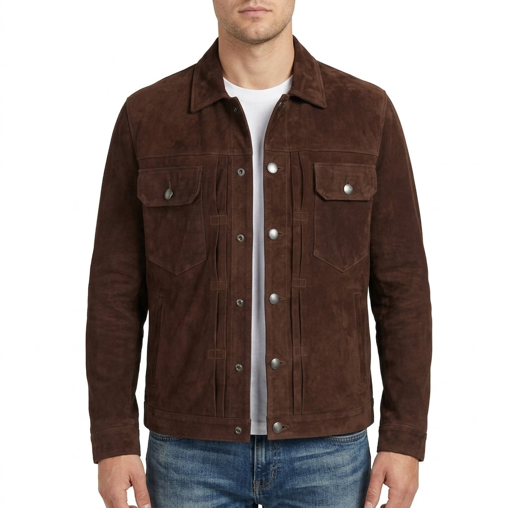 Men's Dark Brown Suede Snap-Front Trucker Jacket - Genuine Suede Jacket