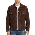 Men's Dark Brown Suede Snap-Front Trucker Jacket - Genuine Suede Jacket