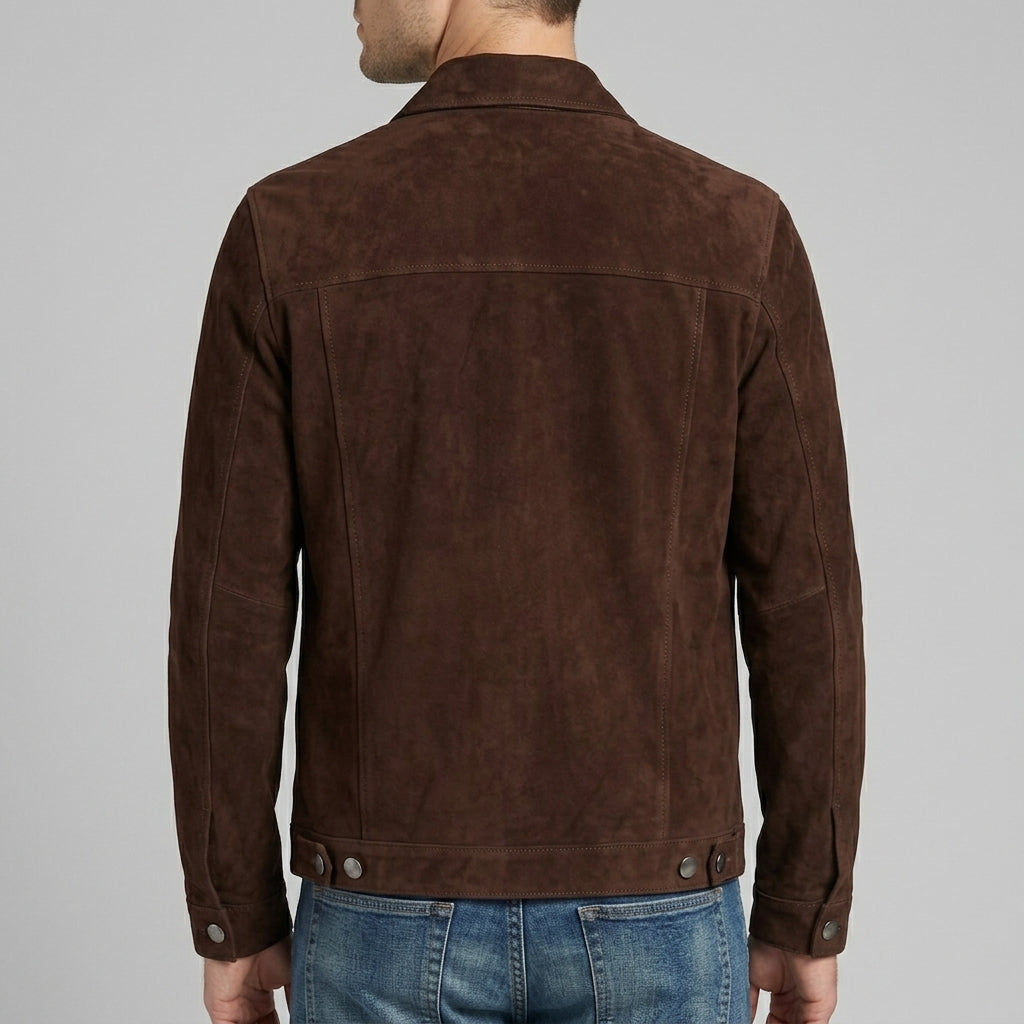 Men's Dark Brown Suede Snap-Front Trucker Jacket - Genuine Suede Jacket