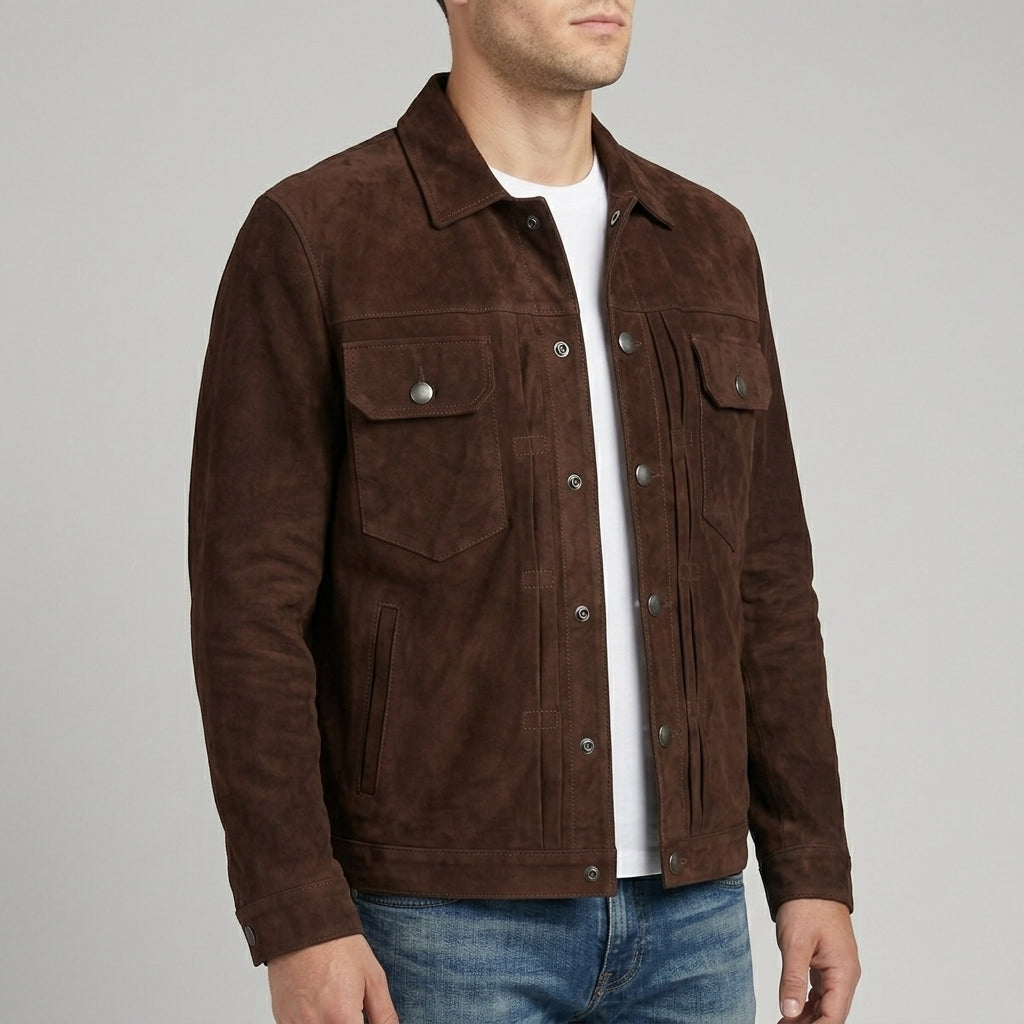 Men's Dark Brown Suede Snap-Front Trucker Jacket - Genuine Suede Jacket