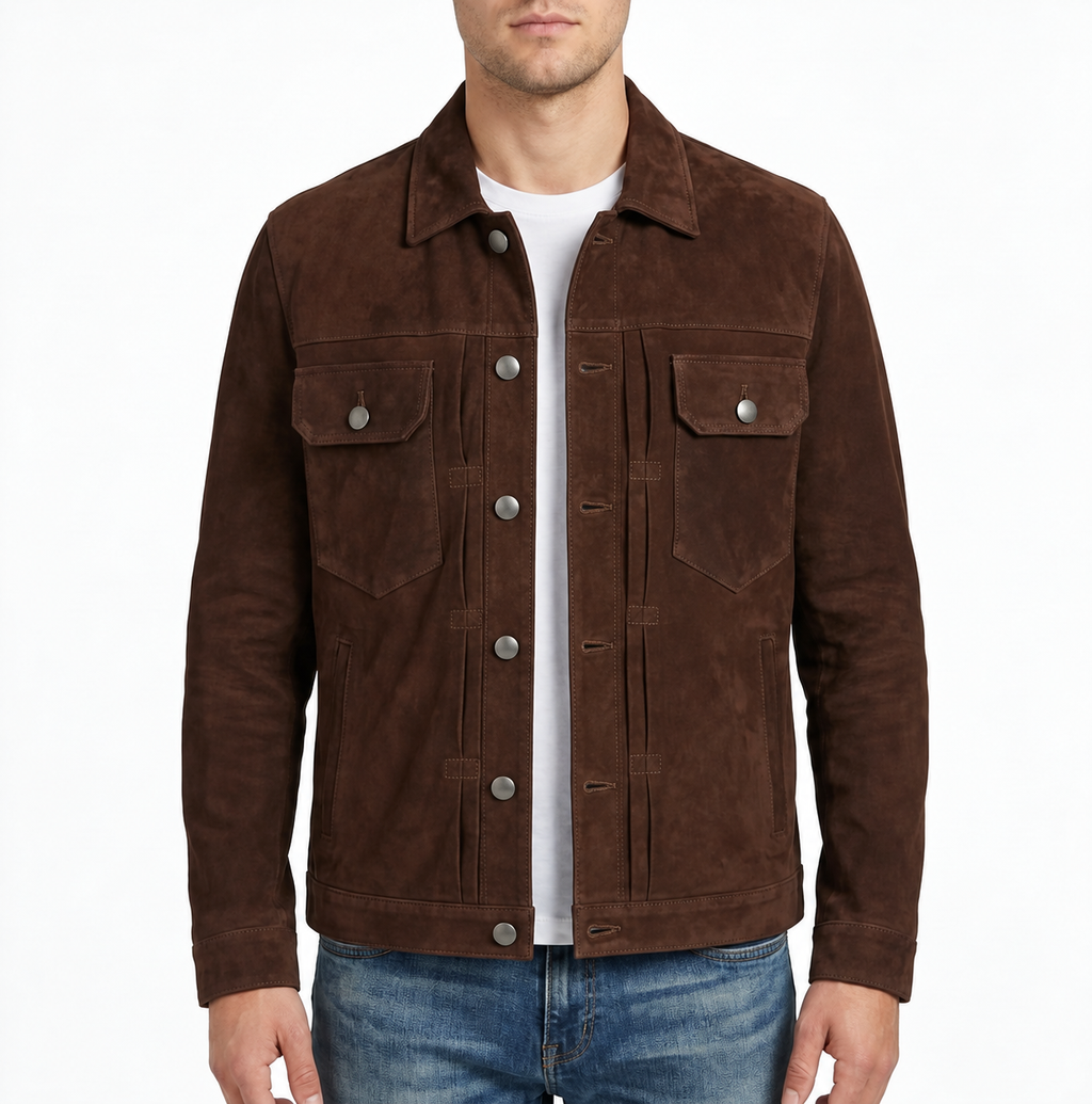 Men's Dark Brown Suede Snap Front Trucker Jacket - Genuine Suede Jacket