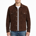 Men's Dark Brown Suede Snap Front Trucker Jacket - Genuine Suede Jacket