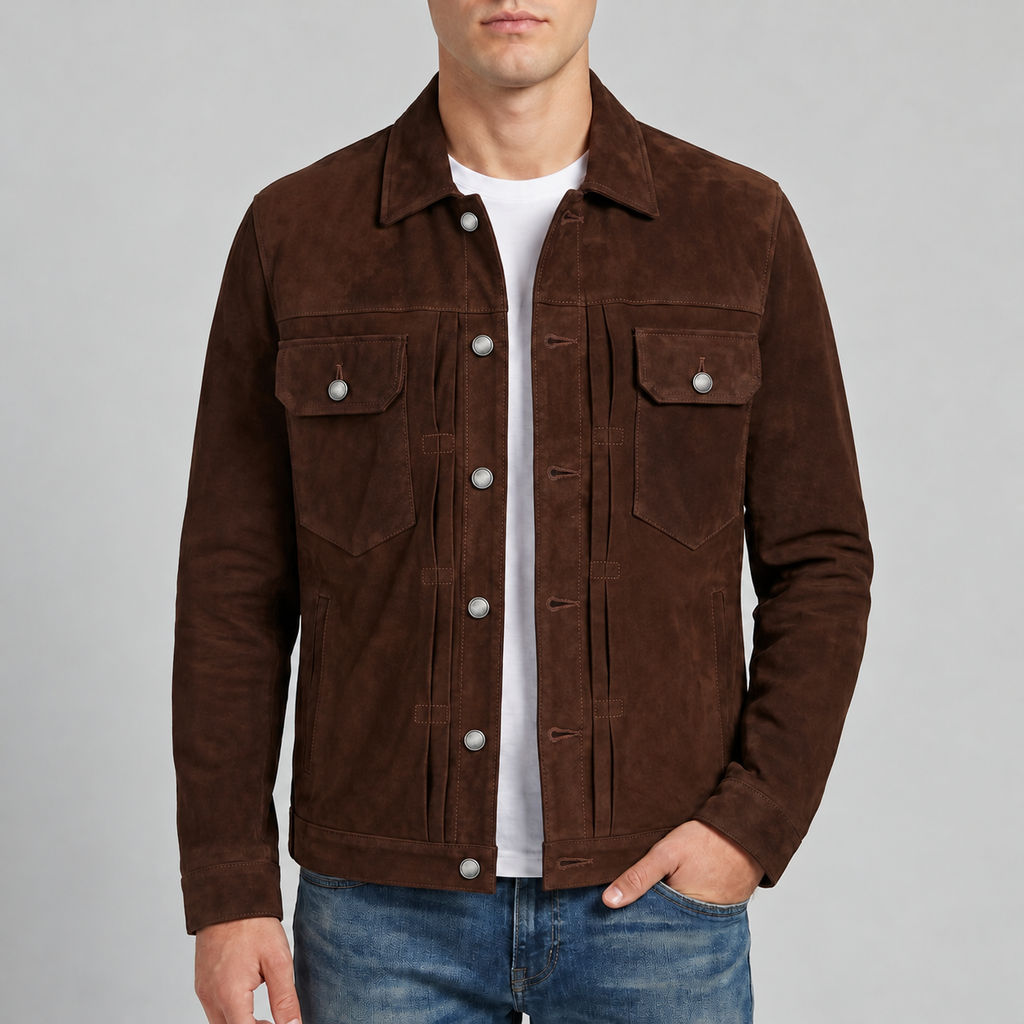 Men's Dark Brown Suede Snap Front Trucker Jacket - Genuine Suede Jacket