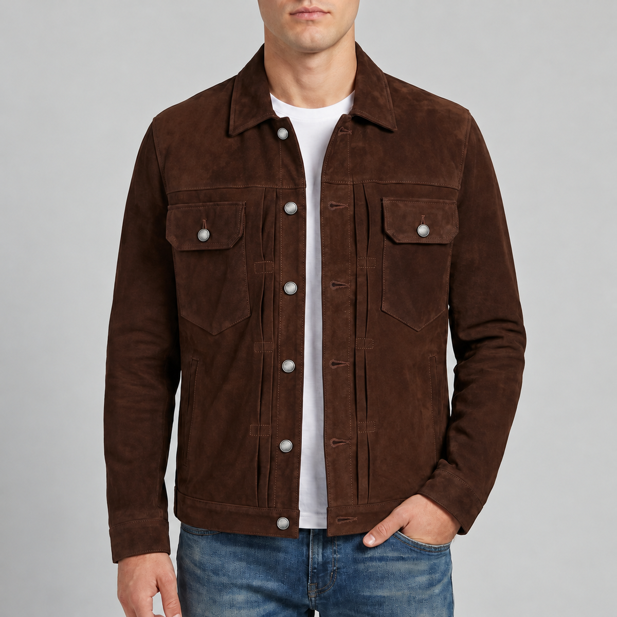 Men's Dark Brown Suede Snap Front Trucker Jacket - Genuine Suede Jacket
