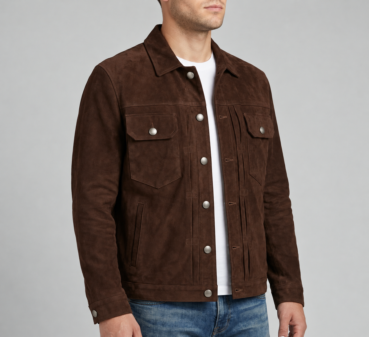 Men's Dark Brown Suede Snap Front Trucker Jacket - Genuine Suede Jacket