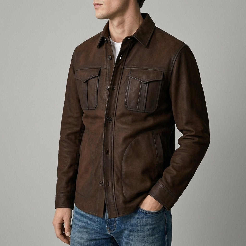 Men's Dark Brown Leather Shirt Jacket - Suede Leather Overshirt