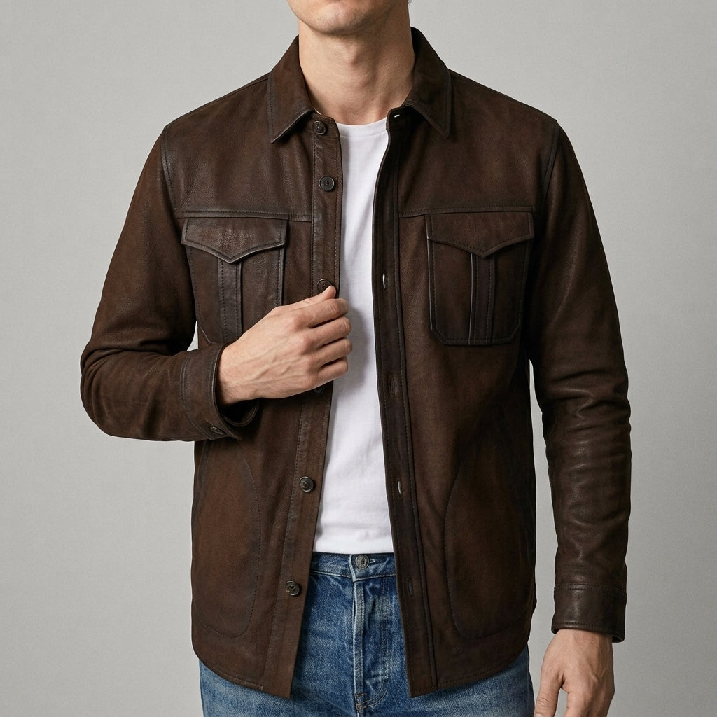 Men's Dark Brown Leather Shirt Jacket - Suede Leather Overshirt
