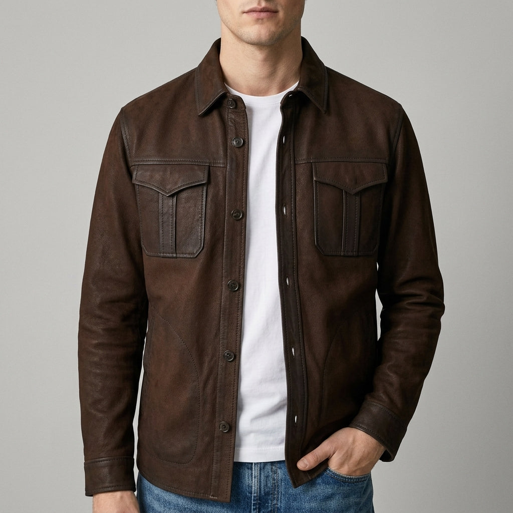 Men's Dark Brown Leather Shirt Jacket - Suede Leather Overshirt