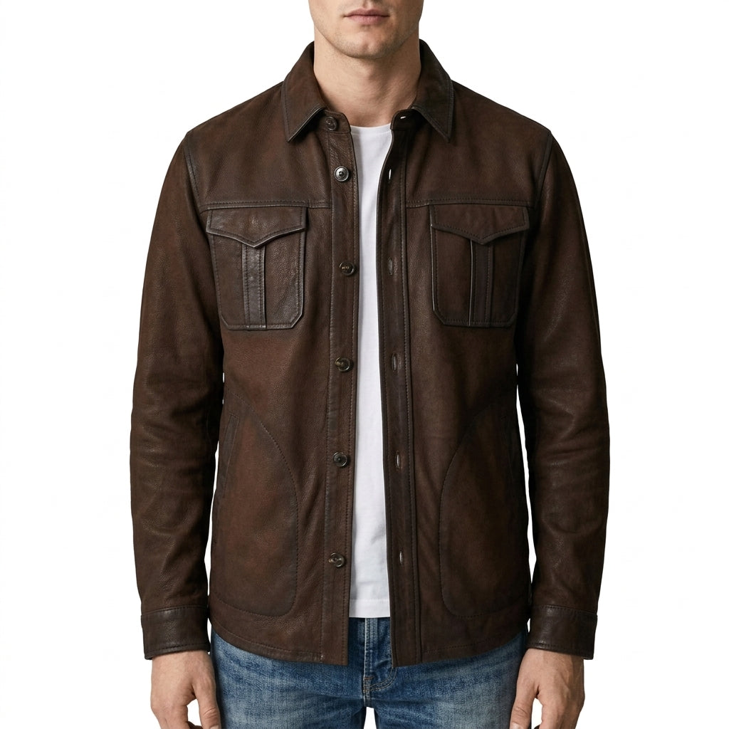 Men's Dark Brown Leather Shirt Jacket - Suede Leather Overshirt