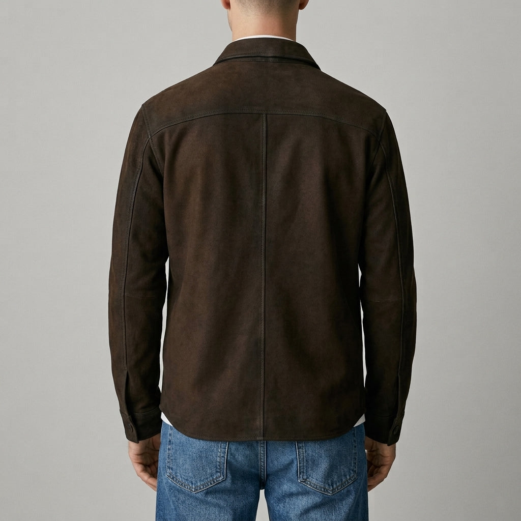 Men's Dark Brown Leather Shirt Jacket - Suede Leather Overshirt