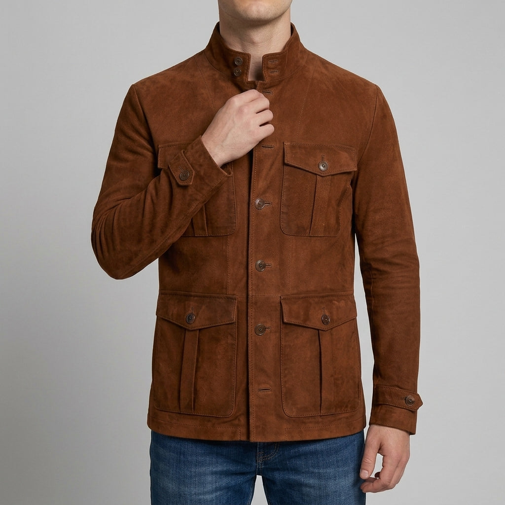 Men's Cognac Suede 4-Pocket Field Jacket - Genuine Suede Jacket