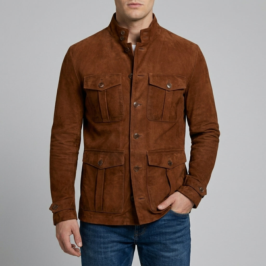 Men's Cognac Suede 4-Pocket Field Jacket - Genuine Suede Jacket
