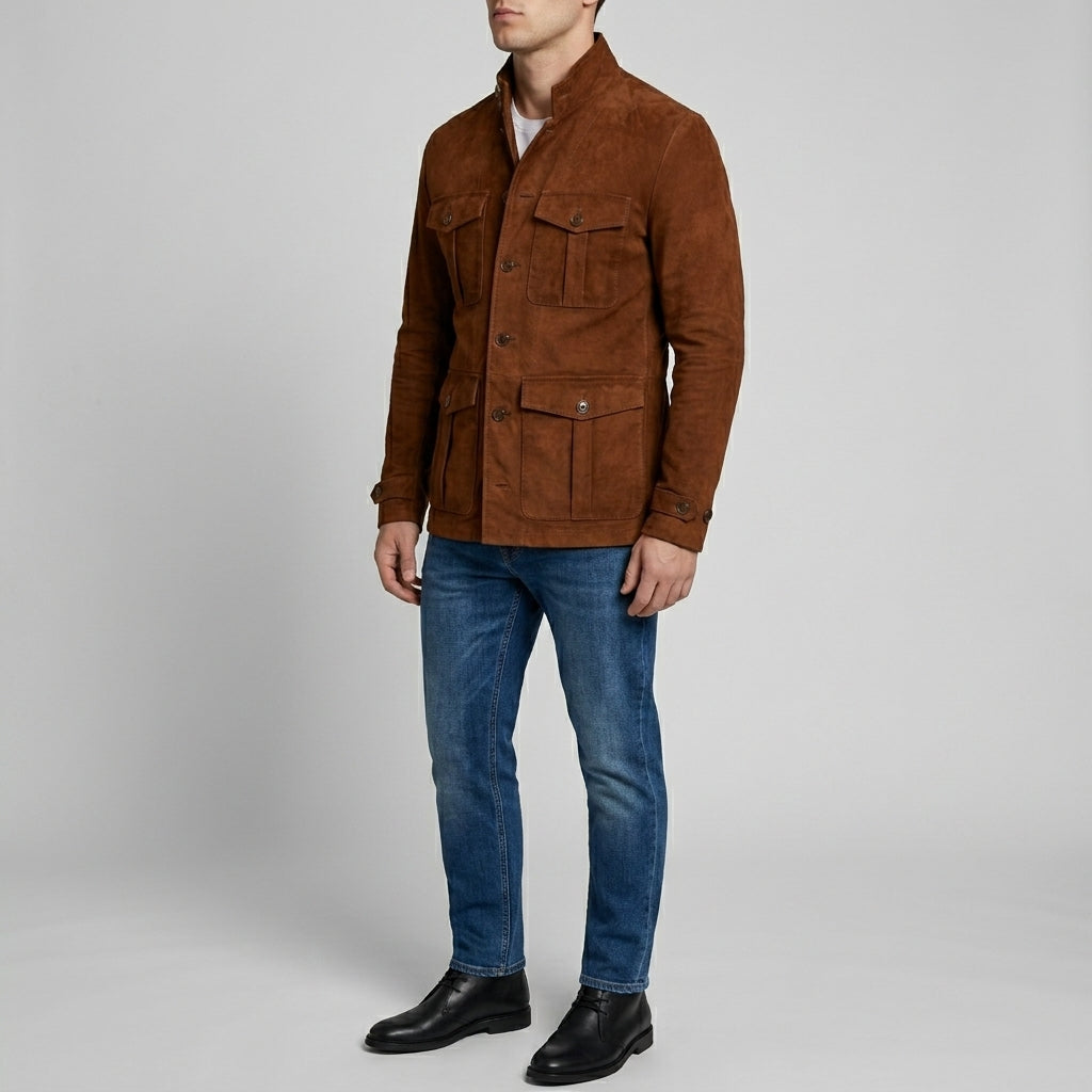 Men's Cognac Suede 4-Pocket Field Jacket - Genuine Suede Jacket