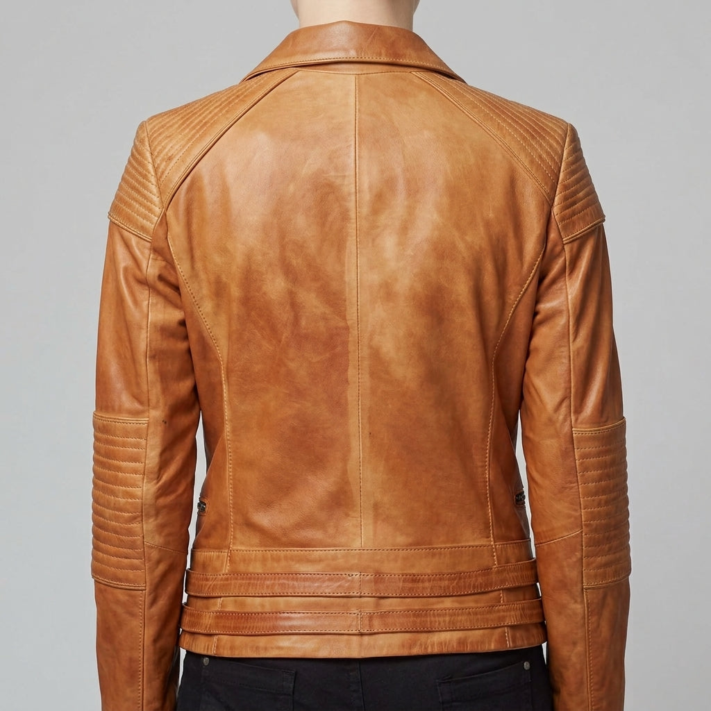 Tan Leather Quilted Moto Jacket - Women's Buckle-Strap Biker Jacket