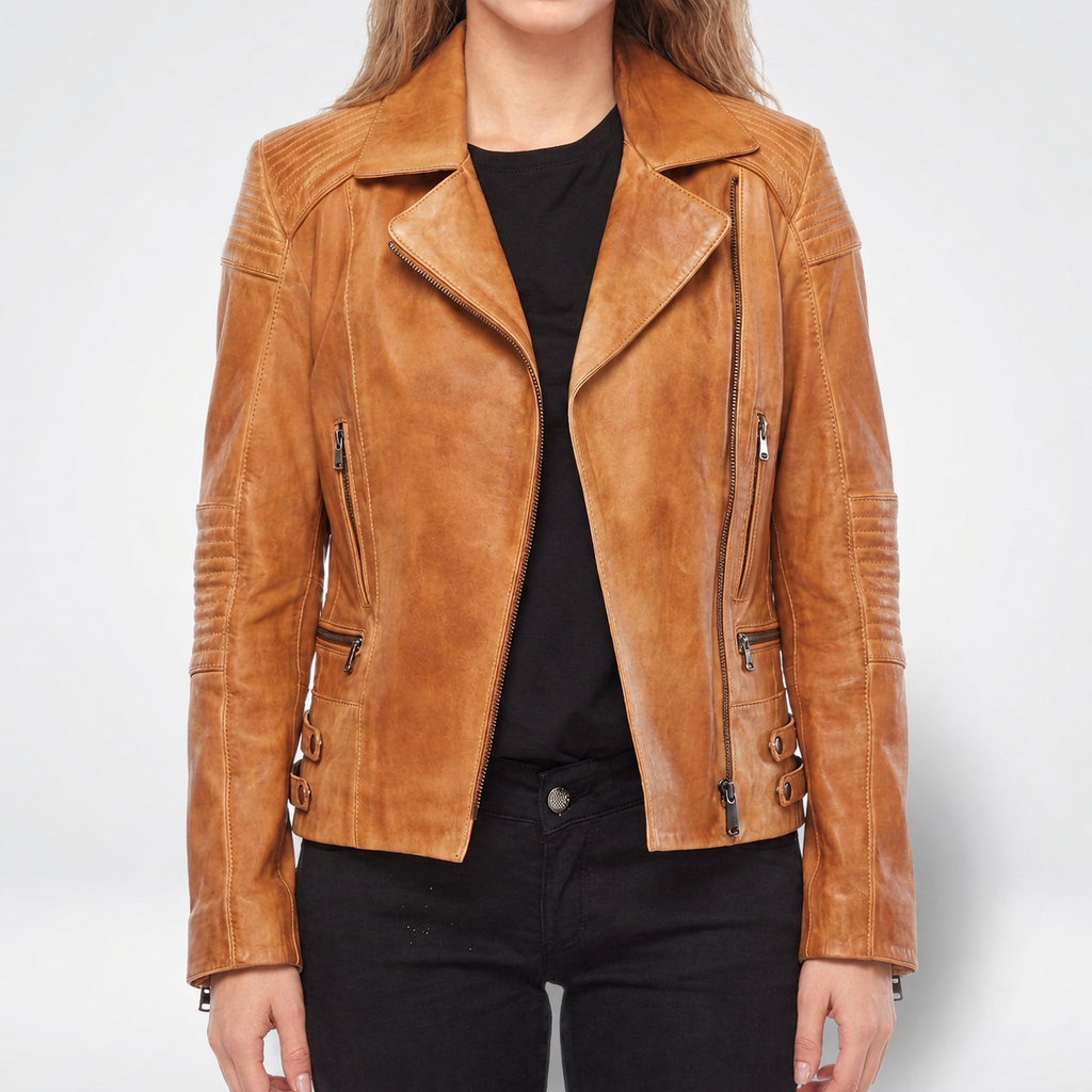 Tan Leather Quilted Moto Jacket - Women's Buckle-Strap Biker Jacket