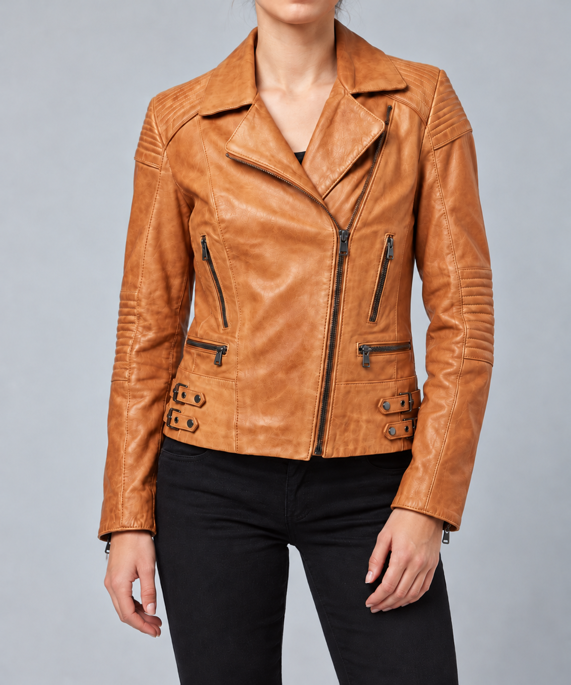 Tan Leather Quilted Moto Jacket - Women's Buckle-Strap Biker Jacket