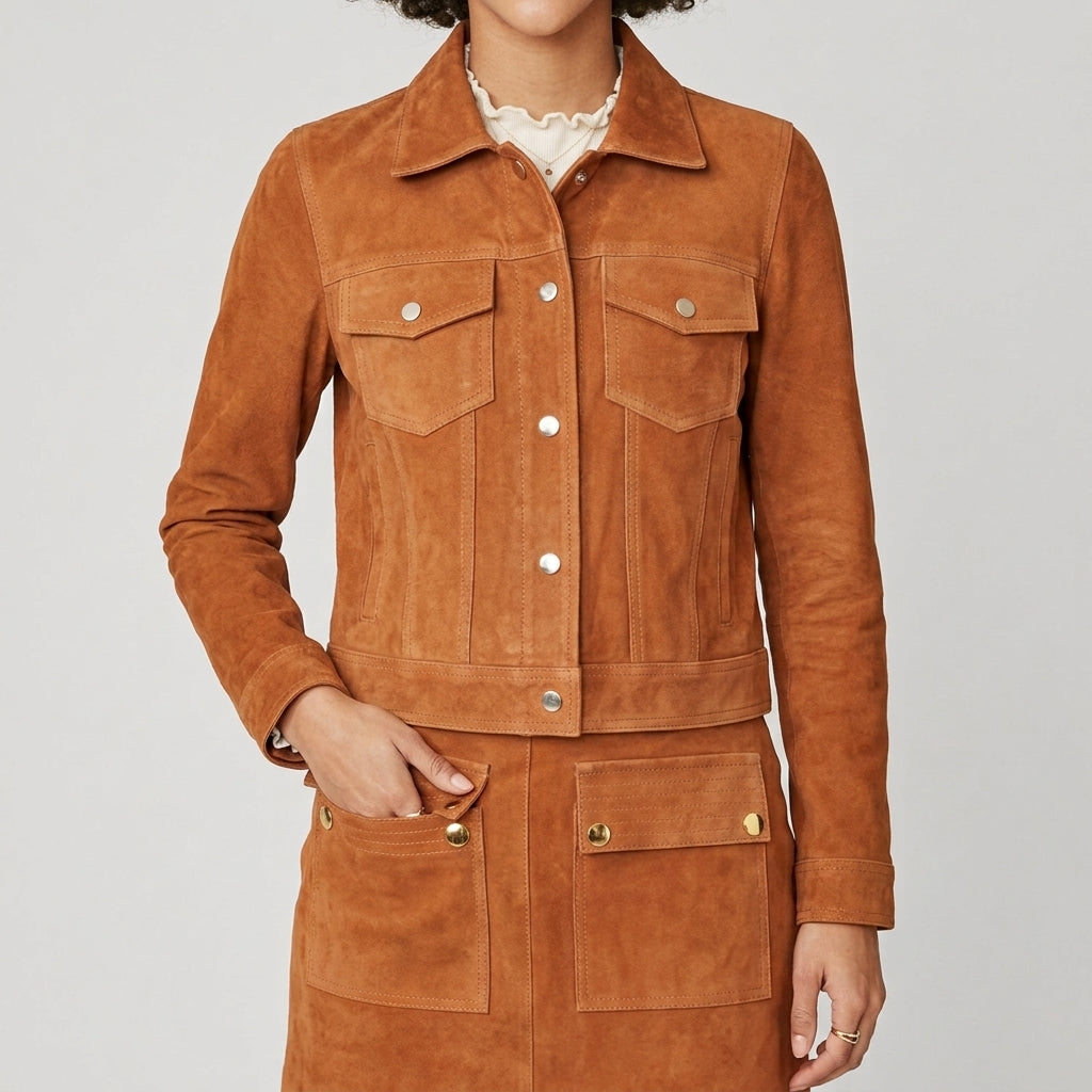 Camel Suede Trucker Jacket - Women's Gold-Button Cropped Leather Jacket