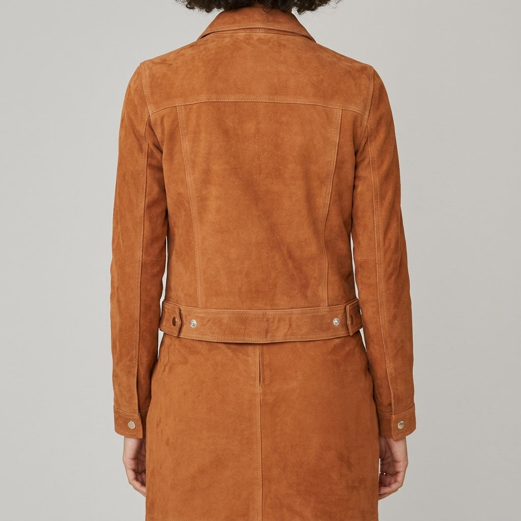 Camel Suede Trucker Jacket - Women's Gold-Button Cropped Leather Jacket