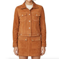 Camel Suede Trucker Jacket - Women's Gold-Button Cropped Leather Jacket