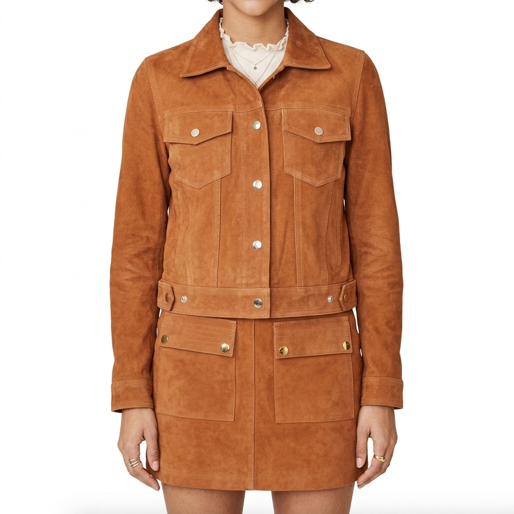 Camel Suede Trucker Jacket - Women's Gold-Button Cropped Leather Jacket