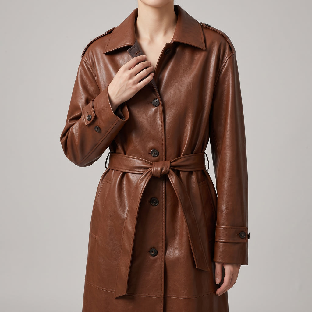Women's Cognac Leather Belted Trench Coat