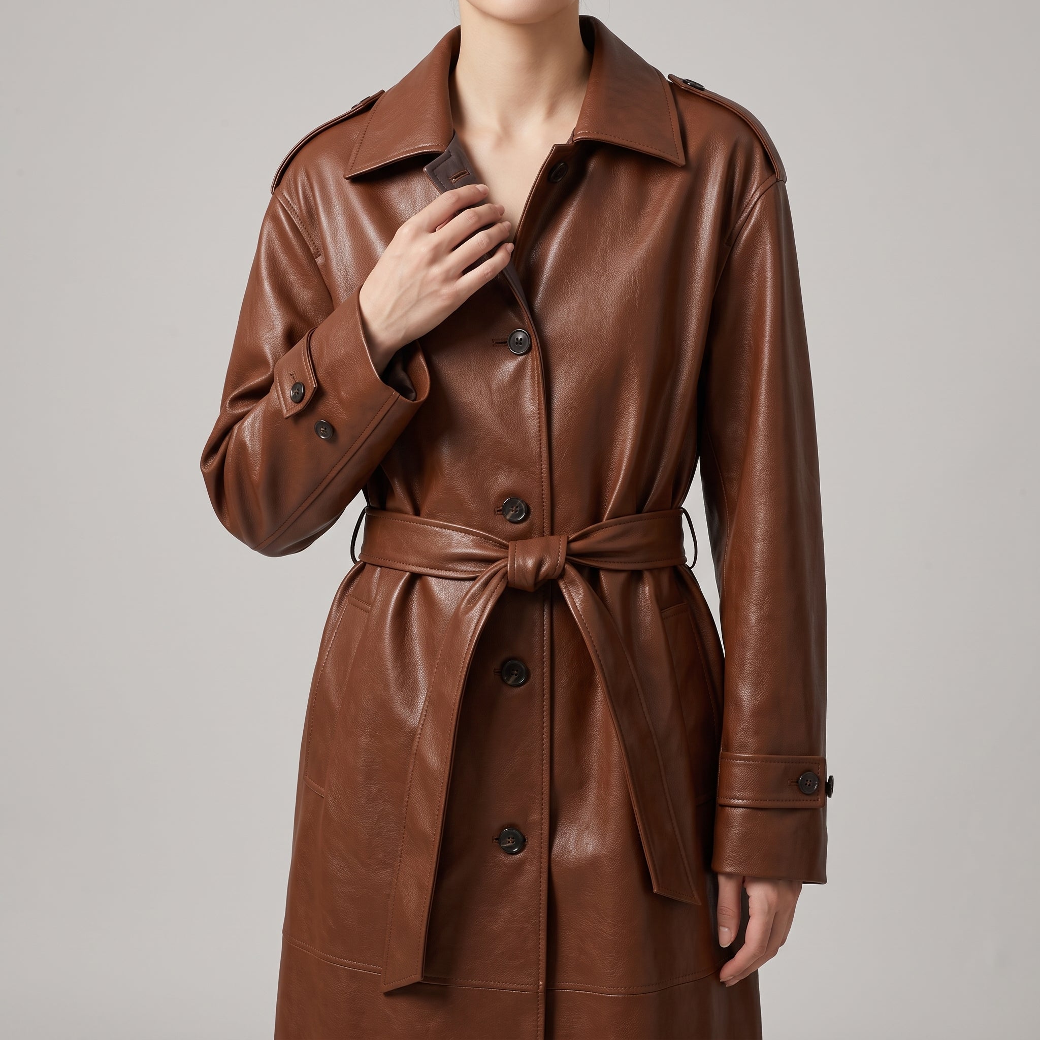 Women's Cognac Leather Belted Trench Coat