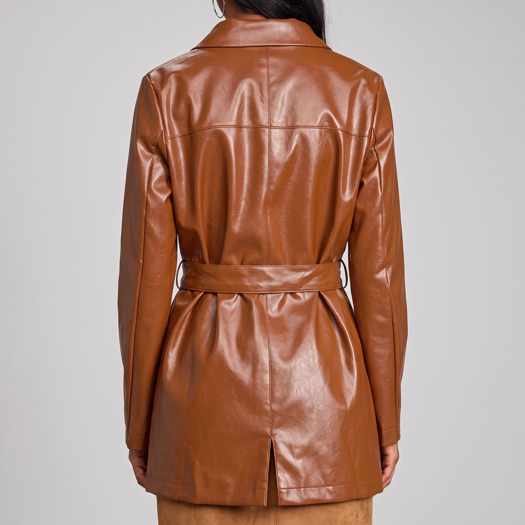 Cognac Leather Belted Topper Coat — Women's Notch-Lapel Trench Coat