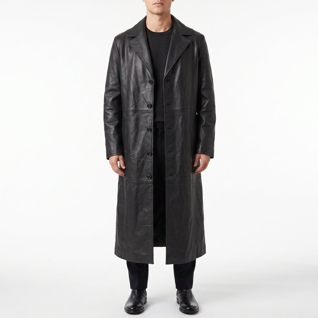 Black Leather Notch-Lapel Trench Coat - Men's Single-Breasted Long Coat
