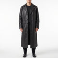 Black Leather Notch-Lapel Trench Coat - Men's Single-Breasted Long Coat