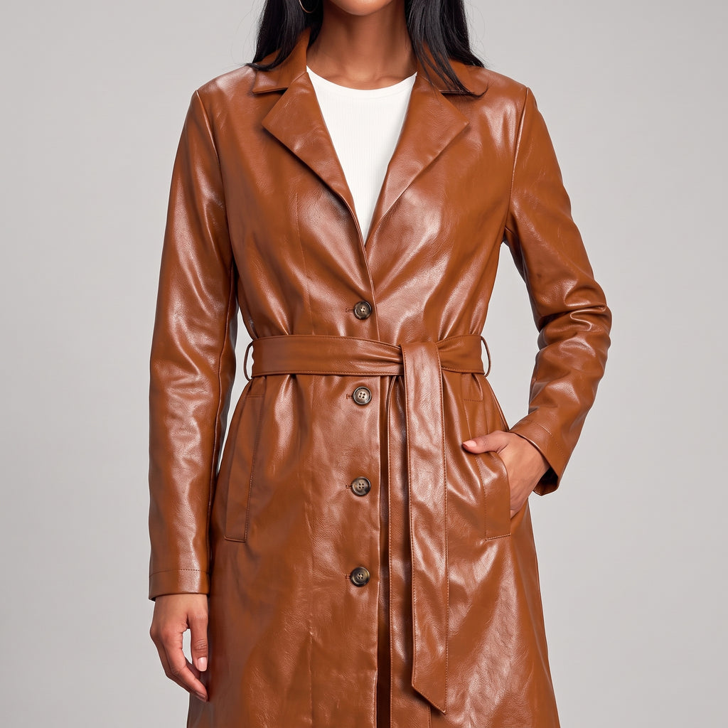 Cognac Leather Belted Topper Coat — Women's Notch-Lapel Trench Coat