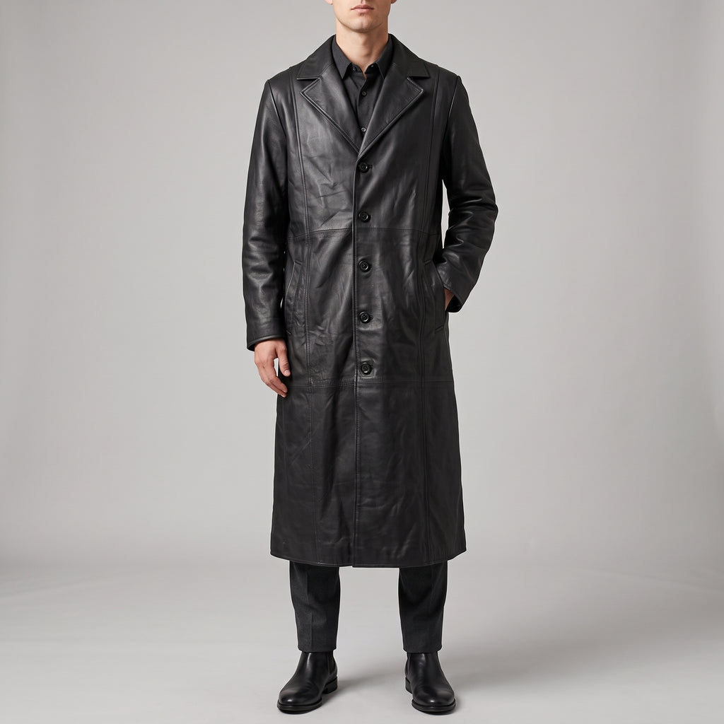 Black Leather Notch-Lapel Trench Coat - Men's Single-Breasted Long Coat
