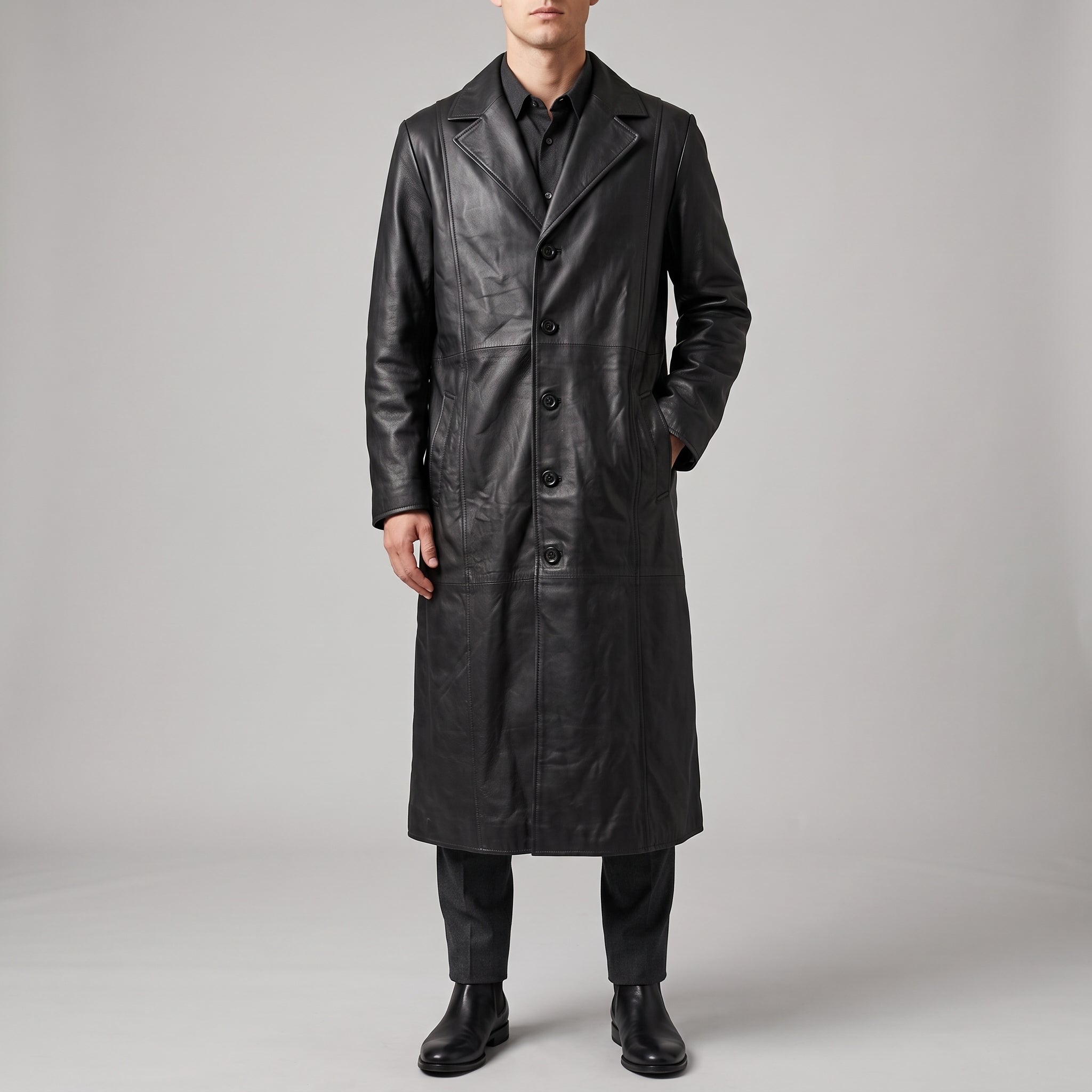 Black Leather Notch-Lapel Trench Coat - Men's Single-Breasted Long Coat