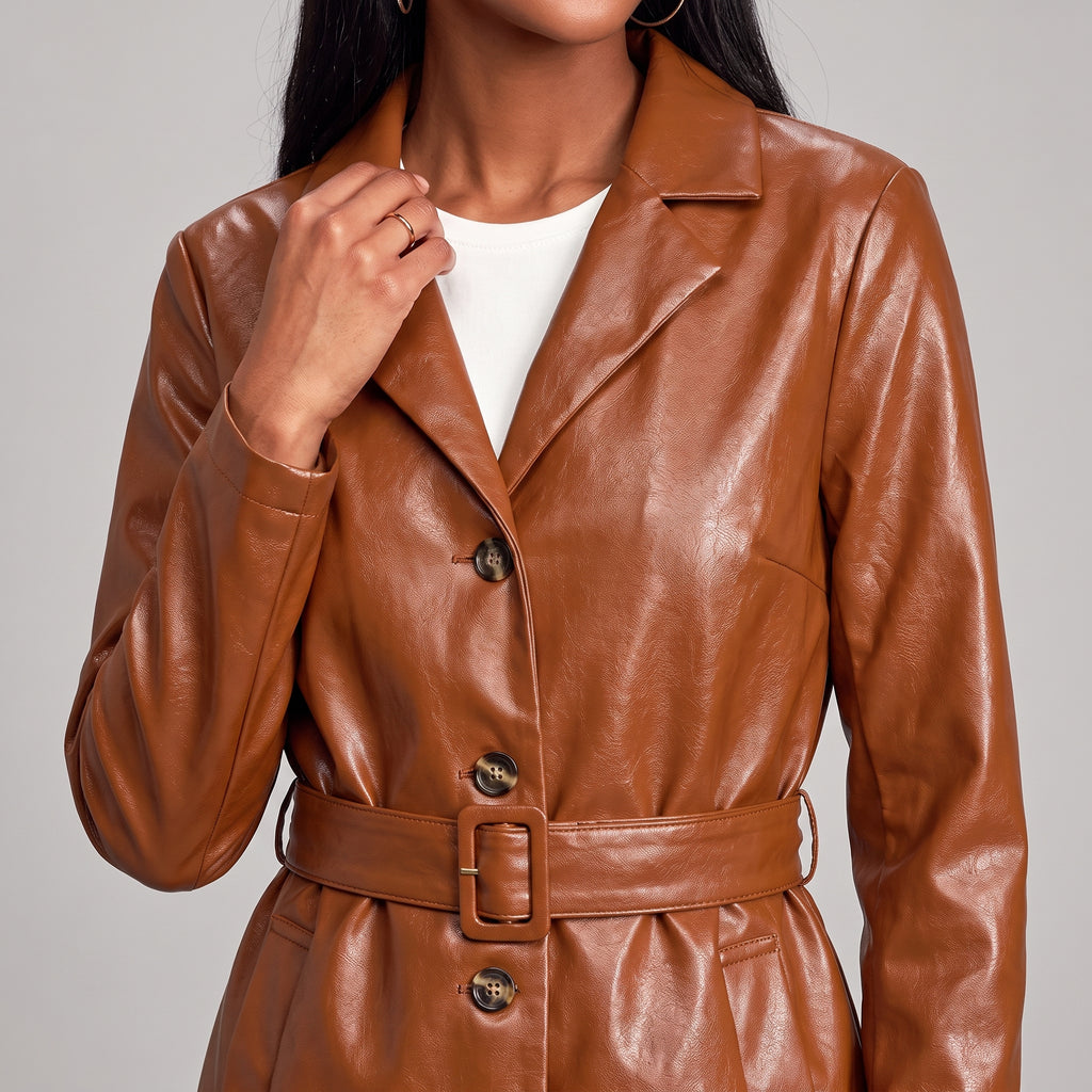 Cognac Leather Belted Topper Coat — Women's Notch-Lapel Trench Coat