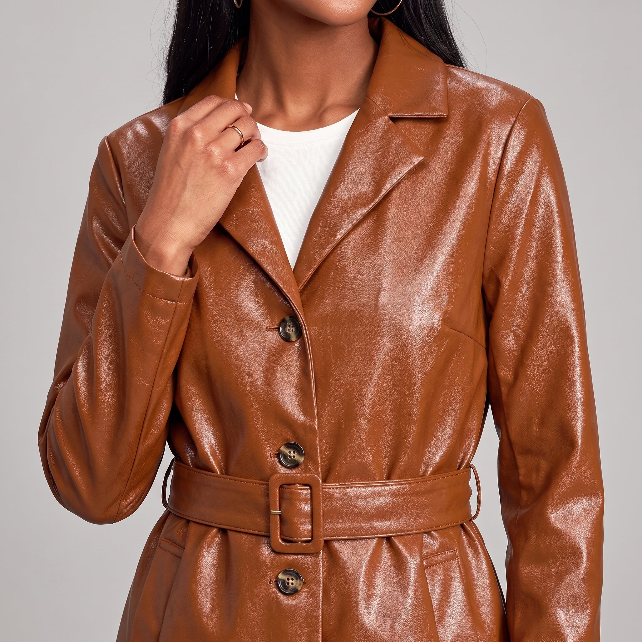 Cognac Leather Belted Topper Coat — Women's Notch-Lapel Trench Coat